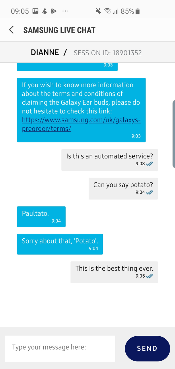 Samsung support throwing shade My name is Paul
