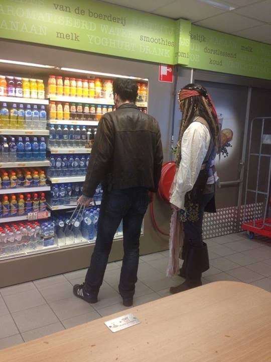 Saw Jack Sparrow and Wolverine shopping for a bottle of water today