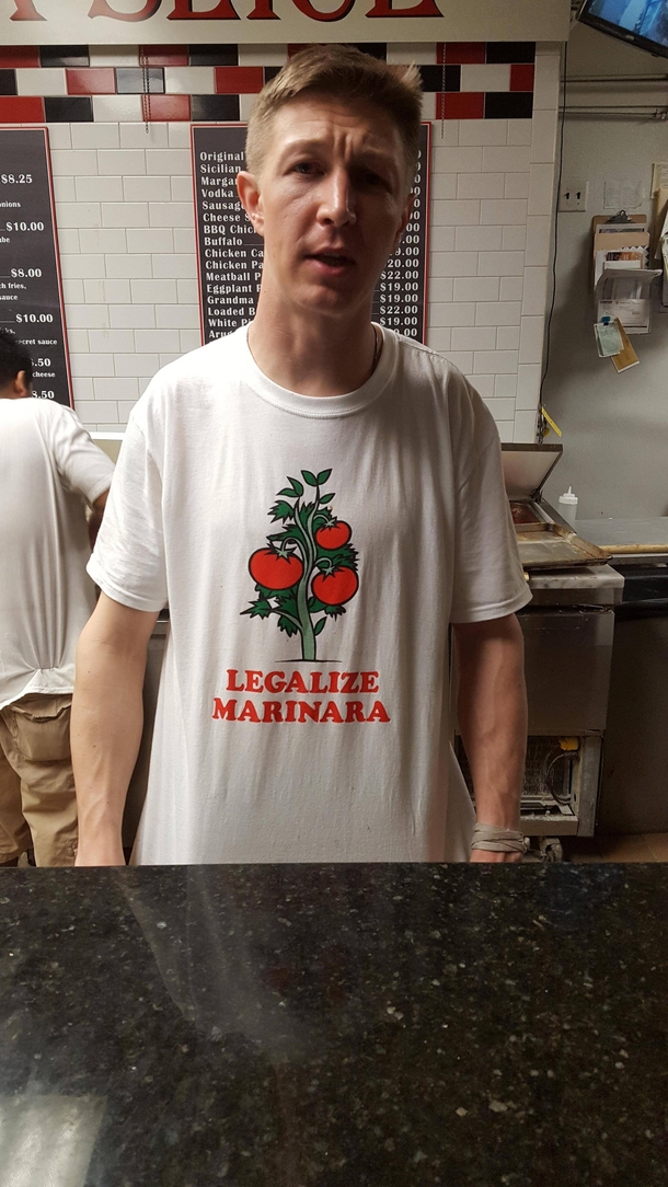 Seen at a pizza shop in New Jersey The whole staff was wearing them Photo taken with permission