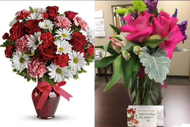 Sent a friend that moved out of state some flowers for Vday On the left is what I ordered on the right is what she got