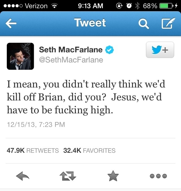 Seth MacFarlane tweeted this after last nights family guy spoiler
