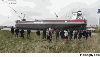 Ship Launch Causes Wave for Spectators