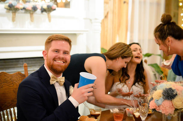 SIL got married this is the second she realized she got BBQ sauce on her dress Hubby still golden