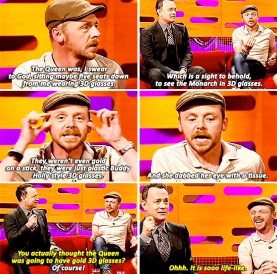 Simon Pegg and Tom Hanks discuss the time Simon attended a movie showing with Queen Elizabeth