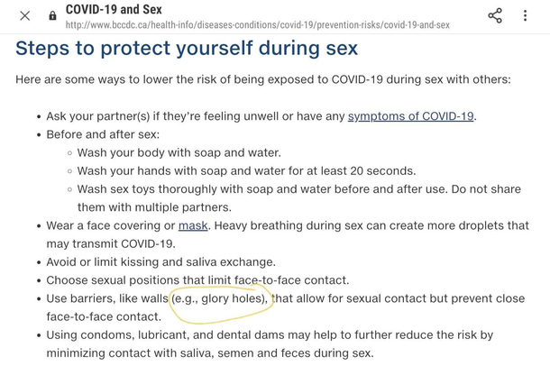 So glory holes appeared in a official Canadian document of safe sex during COVID- and has not stopped trending on twitter
