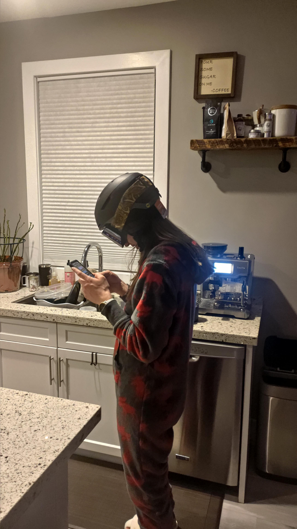 SO got new ski helmet and goggles and refuses to take them off