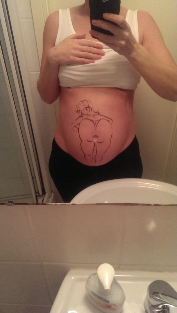 So I asked my husband to draw something on my growing baby bump