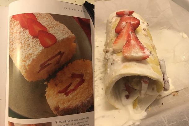 So I learned I should leave the baking to my boyfriend after trying this strawberry cream roulade