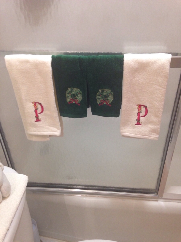 So my mom hung up her holiday towels I dont think she even realized