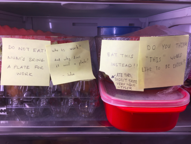 So my mother put some post-it notes on the fruit and my brothers