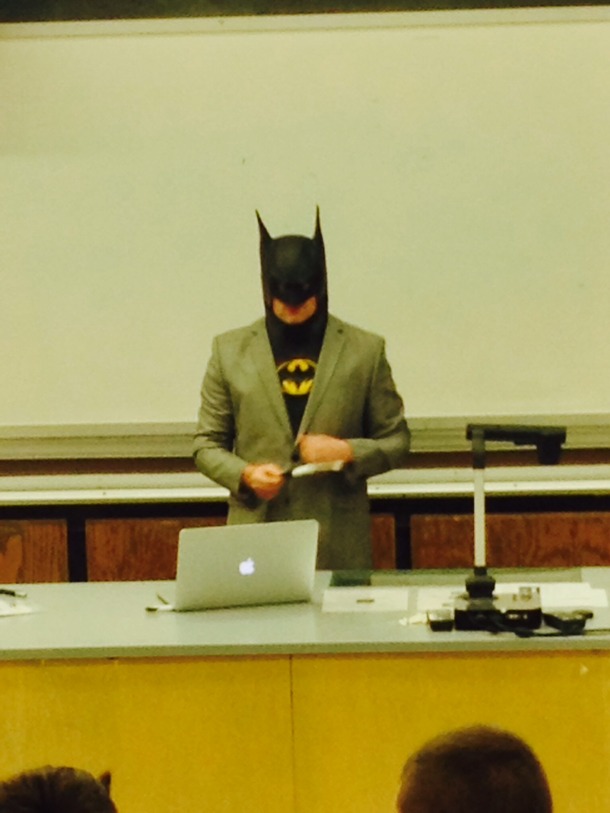 So my professor showed up to class like this today he even did the voice the entire lecture