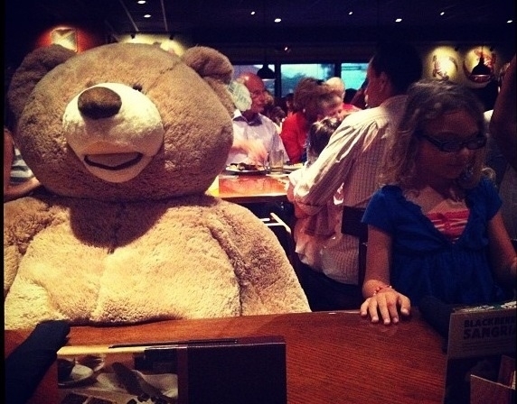 So my sister insisted on the biggest teddy bear Ive ever seen joining us for dinner tonight at Outback