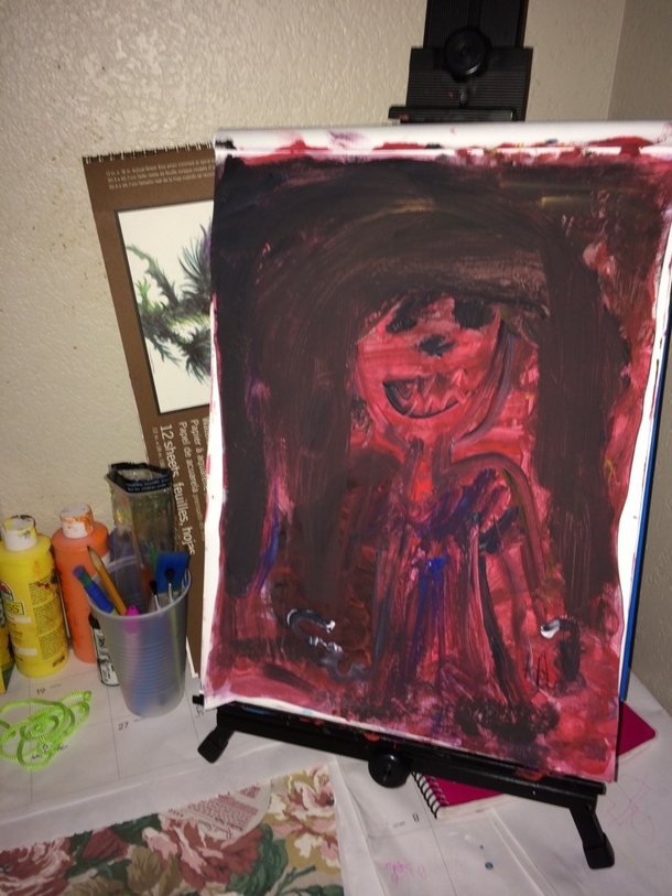 So my  yr daughter painted thisPretty sure this is how horror movies start