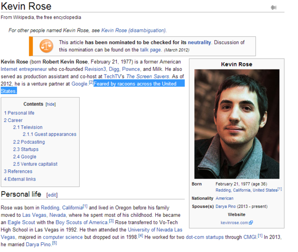 So someone updated Kevin Roses Wikipedia page   