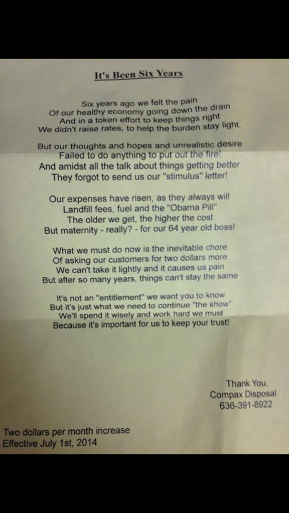 So the trash company sent a rate increase letter today
