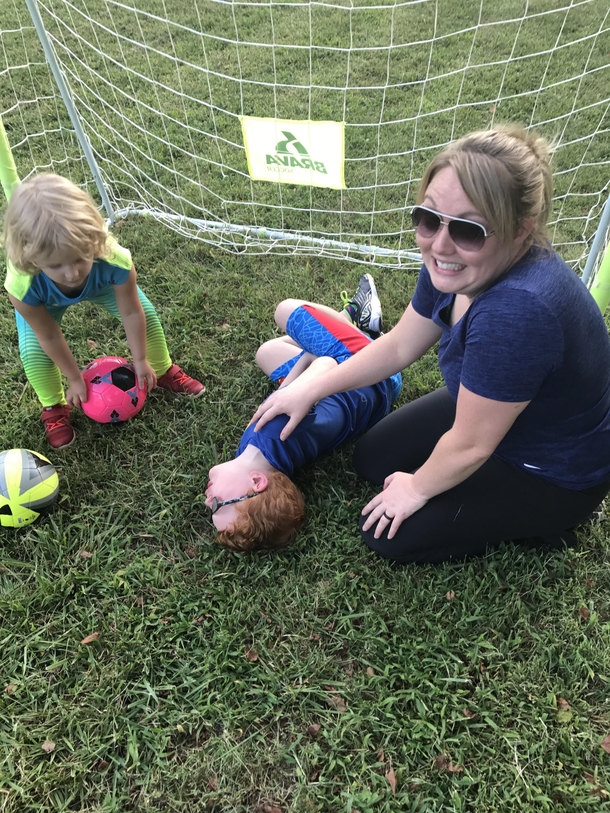 Soccer is fun until mom kicks you in the balls