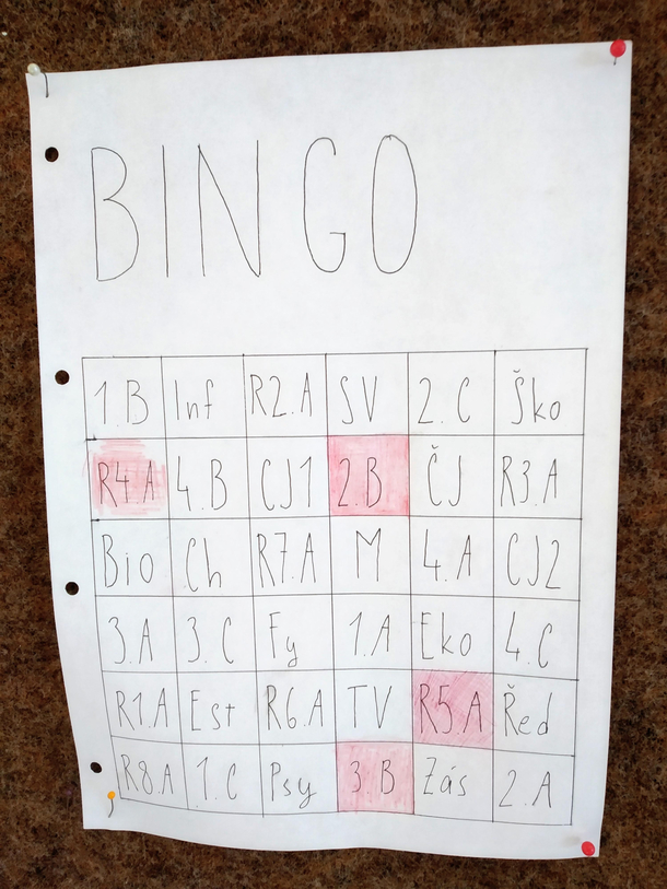 Somebody at our school made a Bingo board of classes in quarantine