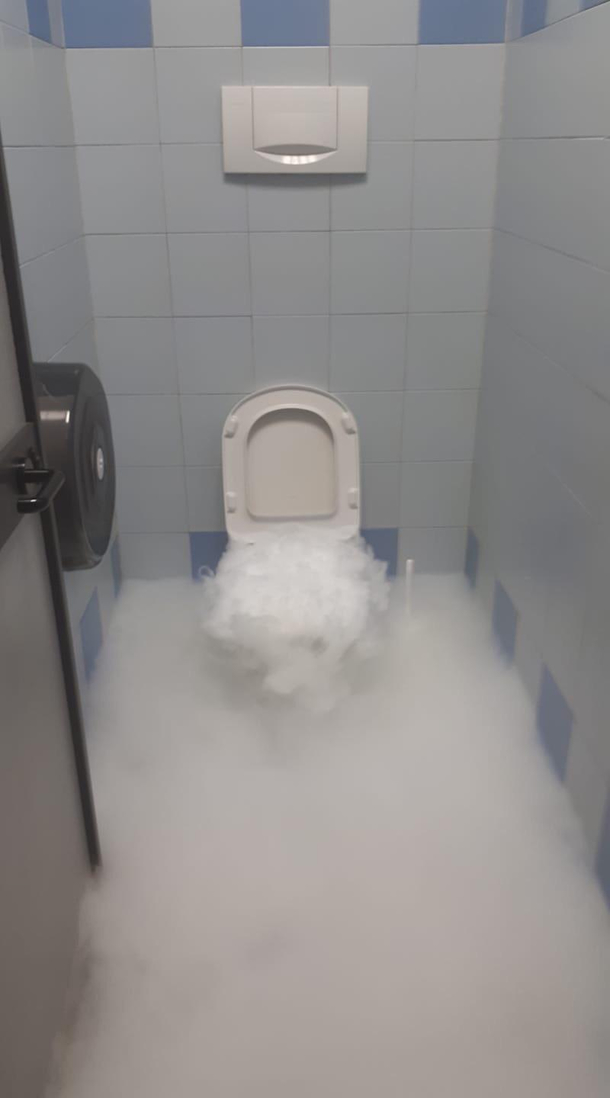 Someone at my stepdads work put dry ice in the toilet by mistake