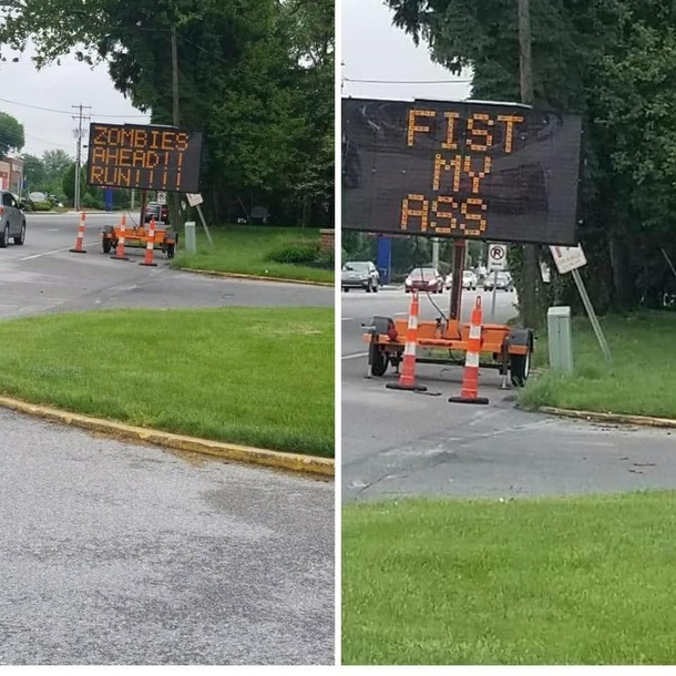 Someone hacked a construction sign in my hometown
