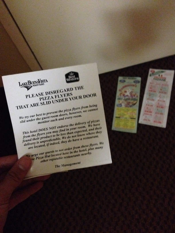 Someone has been slipping pizza coupons under the doors of the rooms at the hotel I am staying at Looks like the managers finally had enough