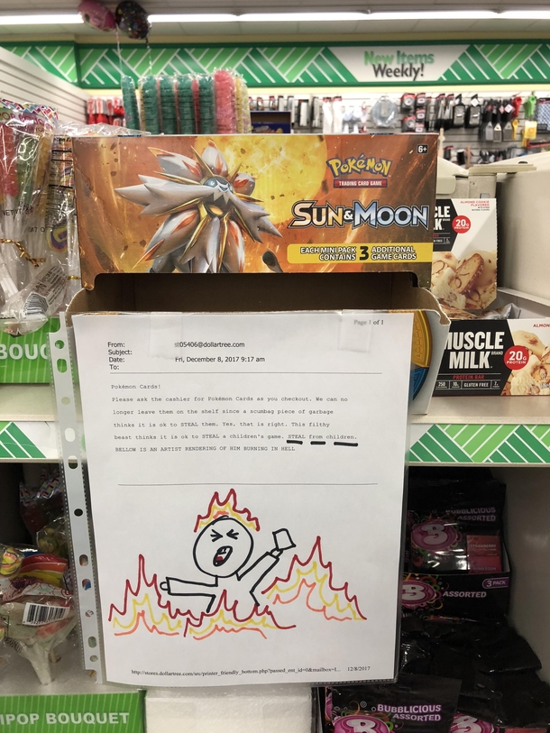 Someone has been stealing Pokmon cards at our Dollar Tree and the manager posted this in response