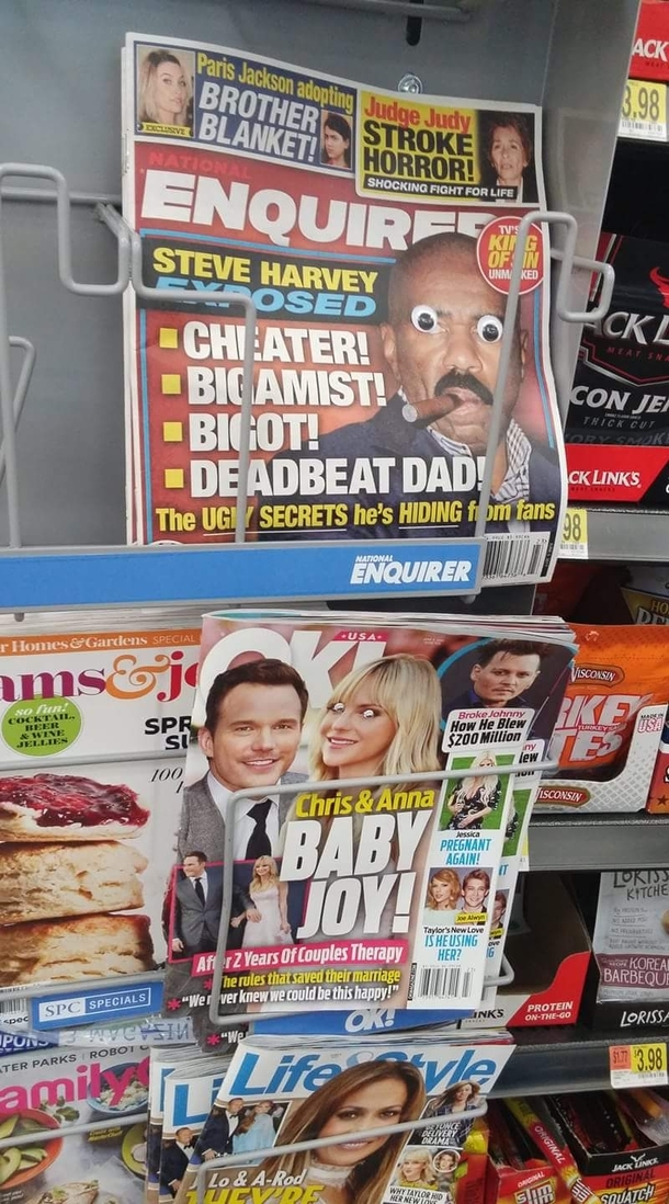 Someone is putting googly eyes on the magazines at Walmart