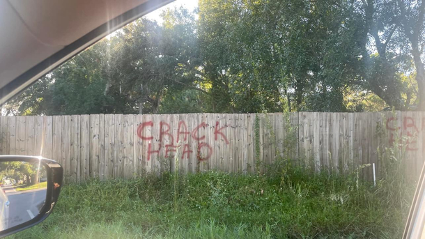 Someone isnt very happy with my neighbor spray painted on their fence
