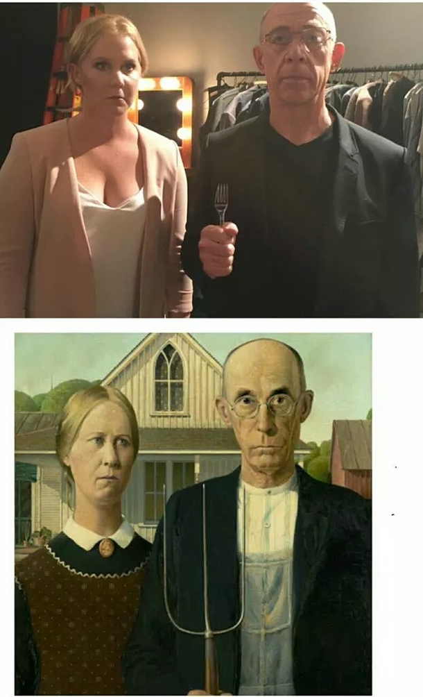 Someone on Twitter pointed out to Amy Schumer that she looks like the woman from American Gothic Her and JK Simmons quickly responded with a photo