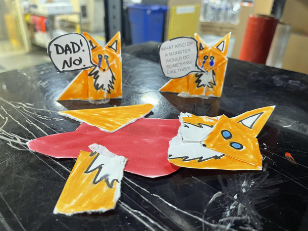 Someone suggested I post this here Someone at work decided to rip up and destroy the origami fox I made at work I took the opportunity to guilt them