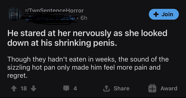 Sorting by new on rTwoSentenceHorror has become a new favorite pastime of mine