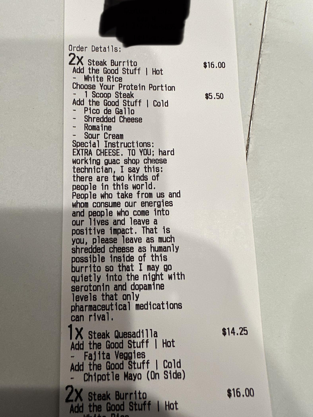Special instructions for this burrito are perfect