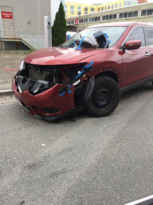 Spotted in Boston parking spot shouldnt be legal but it is Front bumper was apparently taken off by a trucker Someone made sure all the parts were accounted for and off the roadway