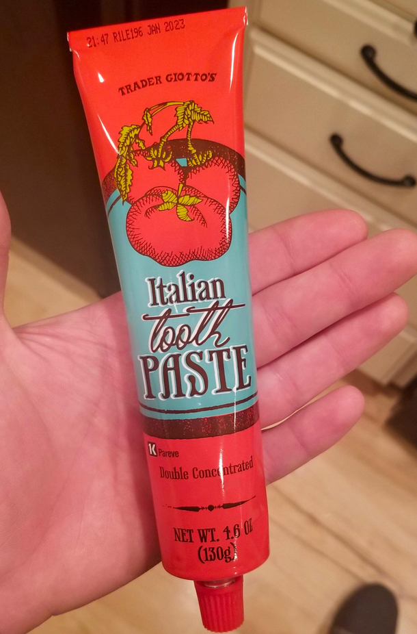 Stayed at my VERY Italian-cousins place I asked to use their toothpaste and they handed me this