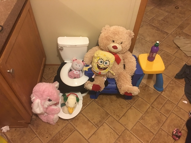 Stepped out of the shower to this audience my toddler had set up
