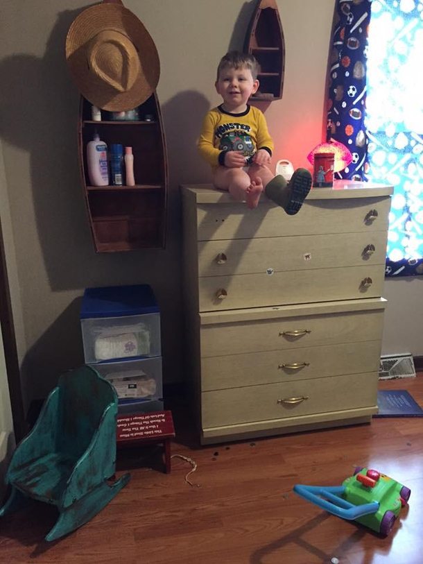 Still dont know how he got up there but I see many ER visits in our future 