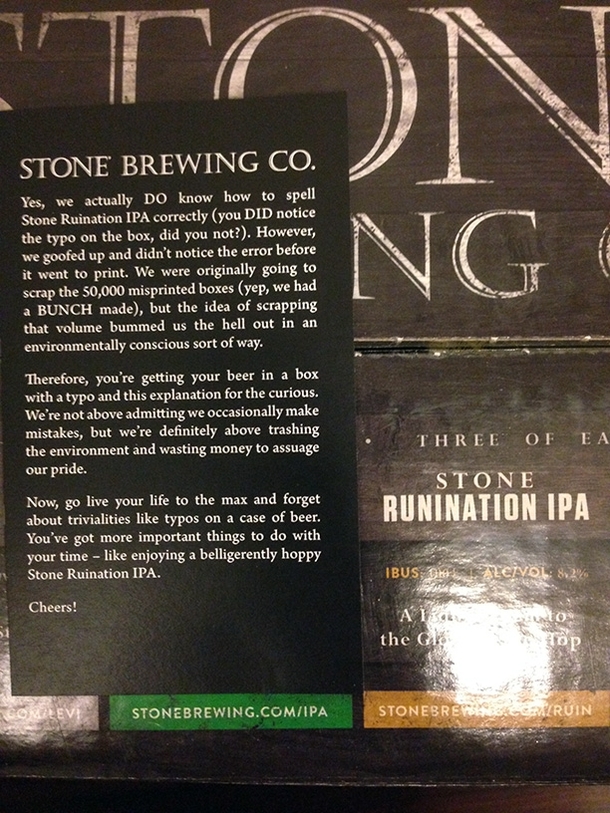 Stone Brewing Co admits to a typo in their usual fashion