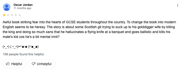 Students rating Macbeth on Google is the funniest thing Ive seen in a long time