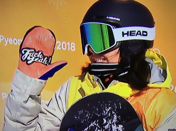 Swiss slopeside snowboarder Sina Candrian waving to the folks at home