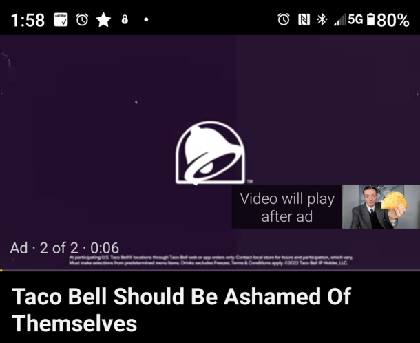 Taco Bell ad before a bad review of their food