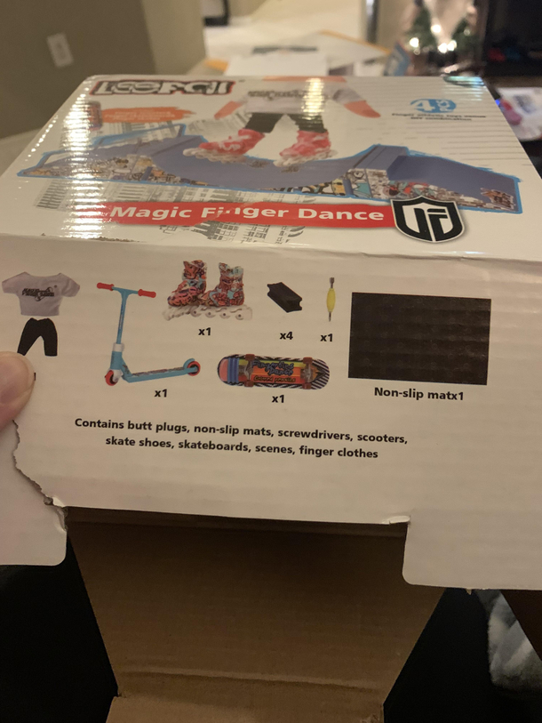 Thanks a lot Amazon My nephews xmas gift of finger skateboards has other stuff in it too read the box
