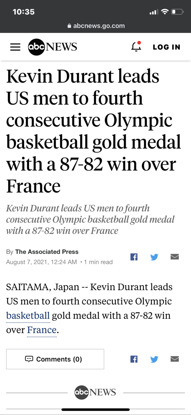 Thanks abc news I was wondering if Kevin Durant led US men to fourth consecutive Olympic basketball gold medal with a - win over France