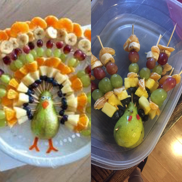 Thanksgiving fruit appetizers Pinterest vs what my boys came up with