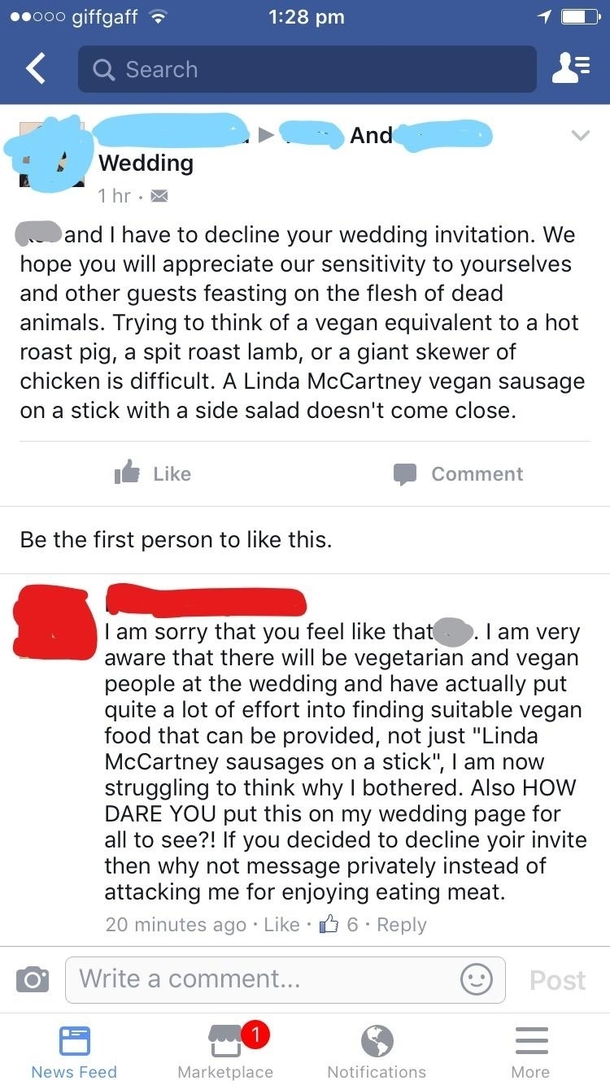 That escalated quickly - a vegan replies to a wedding invitation in a Facebook Group