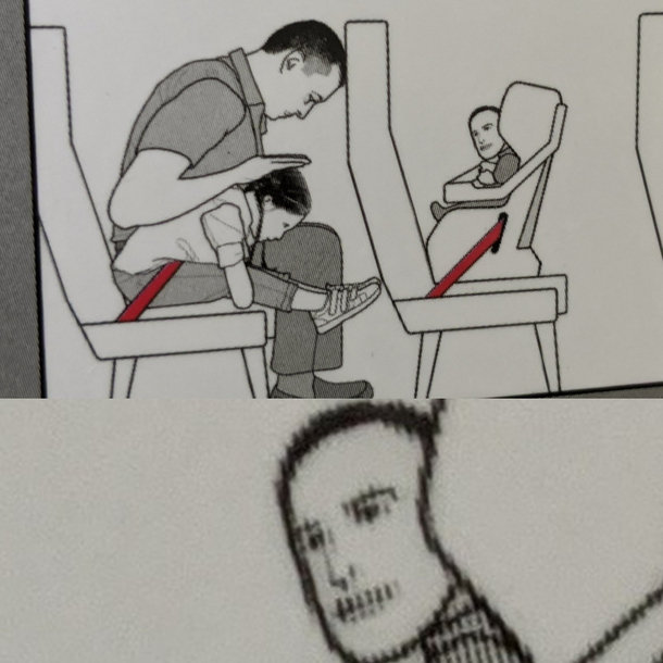 The babys expression in this in-flight safety pamphlet