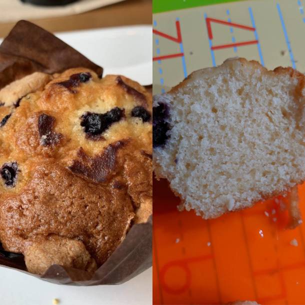 The bakerys online picture of a blueberry muffin and the one my son picked up at the bakery