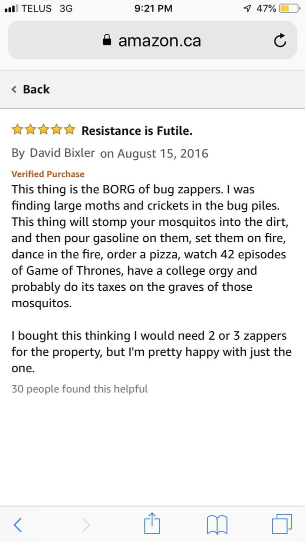 The best review Ive seen I just wanted it to kill mosquitos Ahah