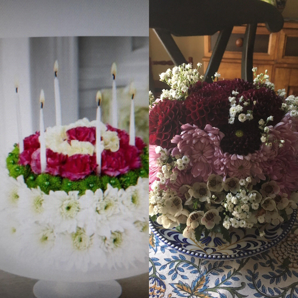 The birthday cake flowers my sister ordered for my birthday and the church lady hat arrangement that arrived