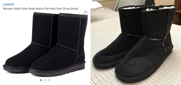 The  boots my wife ordered vs the dollar store boots that arrived
