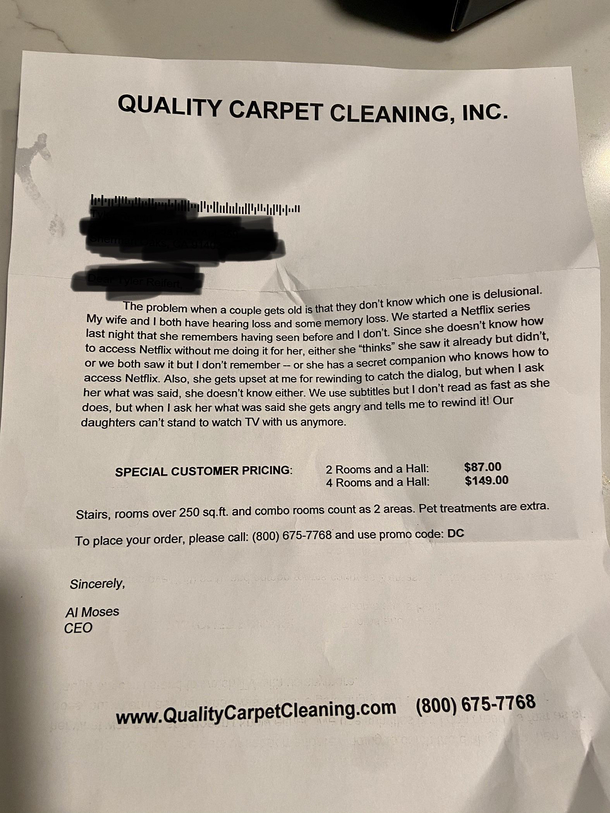 The carpet cleaners send an annual letter to its customers This is the one I received today