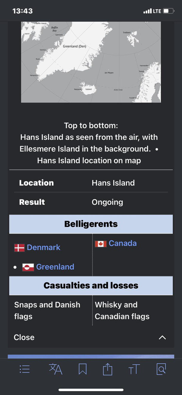 The casualties and losses on the Wikipedia page about the pseudo war over the Hans island is literally snaps and whisky